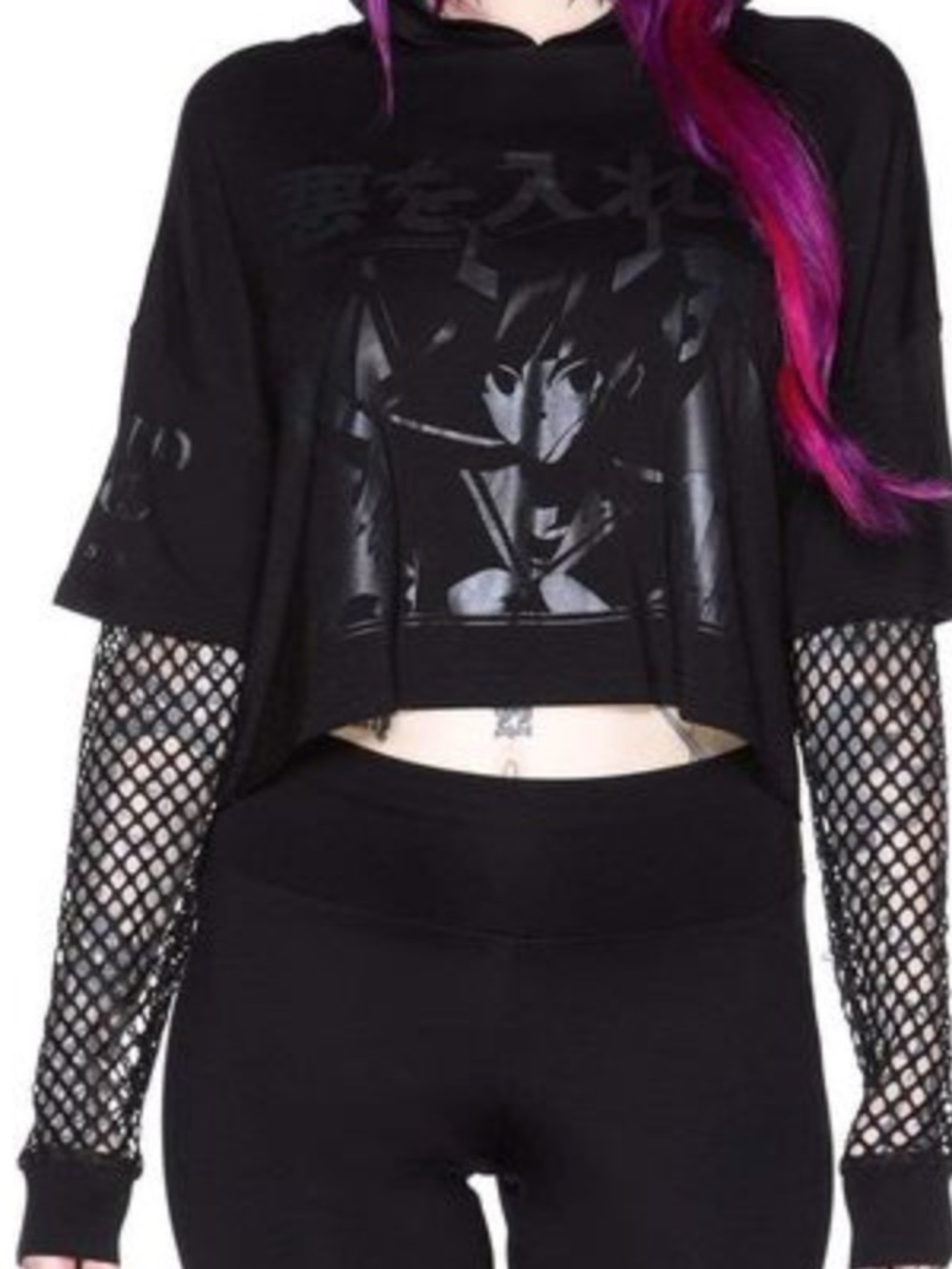 Killstar Black Cropped Hoodie with Fishnet Sleeves